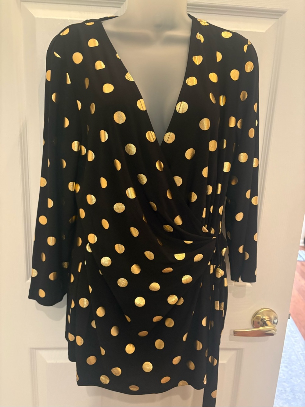 Anne Klein Black Wrap Dress with Metallic Gold Polka Dots